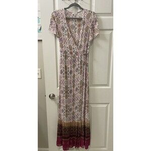 Patrons of Peace Dress Womens M Floral Wrap Maxi Boho Flutter Sleeve V Neck